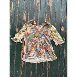 Blank London Floral Embroidered V-Neck Tunic Top Puff Sleeve Multi Color XS